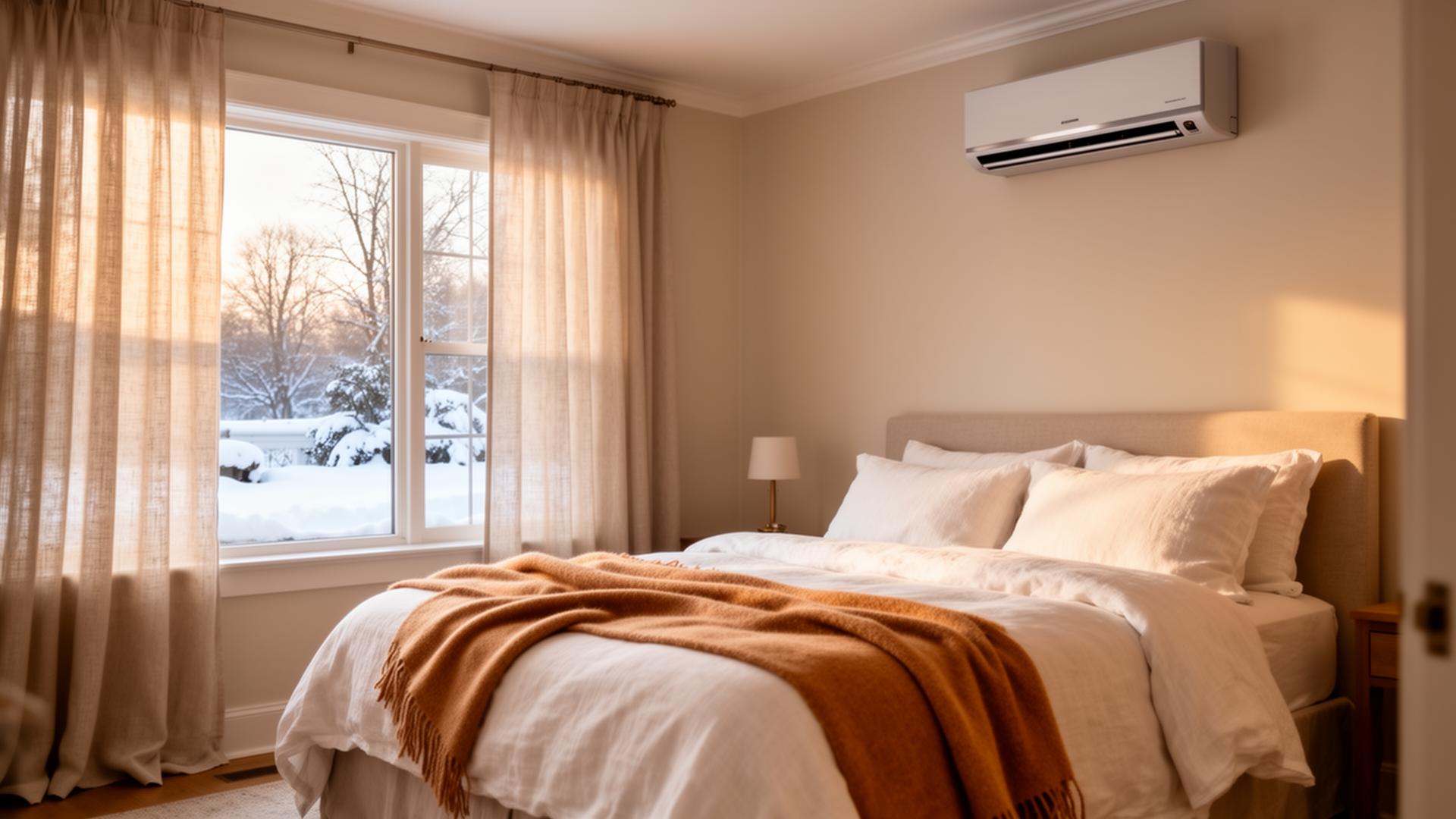 Cozy Long Island bedroom with ductless mini-split during winter